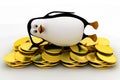3d penguin sleeping on bed of golden coins concept