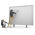 3d Penguins working on a blank advertising hoarding