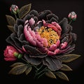 3d peony flowers. Embroidered peonies flowers, leaves. Embroidery floral colorful vector background illustration. Tapestry