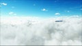 Flying passenger train in clouds. Utopia. concept of the future. Aerial fantastic view. 3d rendering. Royalty Free Stock Photo