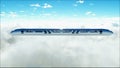 Flying passenger train in clouds. Utopia. concept of the future. Aerial fantastic view. 3d rendering. Royalty Free Stock Photo