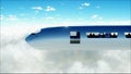 Flying passenger train in clouds. Utopia. concept of the future. Aerial fantastic view. 3d rendering. Royalty Free Stock Photo
