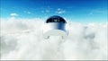 Flying passenger train in clouds. Utopia. concept of the future. Aerial fantastic view. 3d rendering. Royalty Free Stock Photo