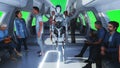 3d people and robots. Flying passenger train. Utopia. concept of the future.Green screen. 3d rendering. Royalty Free Stock Photo
