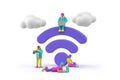 3D People Surfing Internet near WiFi symbol rendering. Public free Wi-Fi hotspot zone Wireless Connection Royalty Free Stock Photo