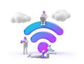 3D People Surfing Internet near WiFi symbol rendering. Wi-Fi hotspot zone Wireless Connection Technology concept