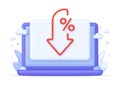 3D Percent and arrow icon on Computer. Percentage with arrow down. Interest rate reduction, finance, banking