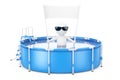 3d Person with Blank Placard Banner in Blue Portable Outdoor Round Swimming Water Pool with Ladder. 3d Rendering