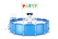 3d Person with Party Placard Banner in Blue Portable Outdoor Round Swimming Water Pool with Ladder. 3d Rendering