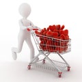 3d person with red hearts on supermarket pushcart Royalty Free Stock Photo