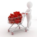 3d person with red hearts on supermarket pushcart Royalty Free Stock Photo