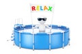 3d Person with Relax Placard Banner in Blue Portable Outdoor Round Swimming Water Pool with Ladder. 3d Rendering