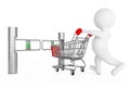 3d Person with Shopping Cart in front of Shop Turnstile Entrance