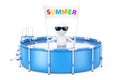 3d Person with Summer Placard Banner in Blue Portable Outdoor Round Swimming Water Pool with Ladder. 3d Rendering