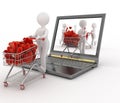 3d persons pushing a trolleys with red hearts out of laptop. Royalty Free Stock Photo