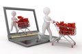 3d persons pushing a trolleys with red hearts out of laptop.