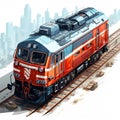 2d perspective illustration of an old locomotive moving towards its destination. Royalty Free Stock Photo