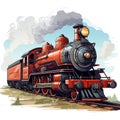 2d perspective illustration of an old locomotive moving towards its destination. Royalty Free Stock Photo