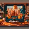 2D Perspective of a Retro-grade Style, Living Room Interior Design for Hotels, Apartments and Condominiums