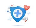3D pharmacy drug for health pharmaceutical. Medical safety icon with a shield. Pharmacy health icon of first aid