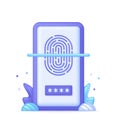 3D Phone and fingerprint scanning illustration. User authorization, sign in to account, authentication page.