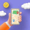 3D phone. GPS map. Smartphone application. Phone in hand. Mobile technology. Car journey route with direction, location Royalty Free Stock Photo