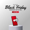 3d phone and megaphone on the pedestal cylinder podium display illustration concept for black friday sale offer banner poster on