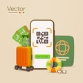 3d phone with QR code, pay now button, suitcase, luggage, swimming buoy, sun glasses, passport, air flight tickets