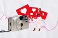 3d photo artwork collage of obsolete camera tacking photo charming lady enjoying 14 february isolated drawing background