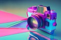 3D photo Camera on an Abstract Background. 3D Visualization. Fantasy Camera on a Colorful Background, 3D Rendering. Generative AI