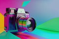 3D photo Camera on an Abstract Background. 3D Visualization. Fantasy Camera on a Colorful Background, 3D Rendering. Generative AI