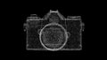 3D photo camera on black bg. Digital camera. Professional photographer traveler concept. For title, text, presentation