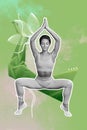 3D photo collage composite trend artwork image of young attractive lday do yoga stretching balance training lotus flower