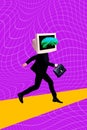 3D photo collage template trend artwork sketch of headless young man run target contain microchip artificial computer