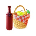 3d Picnic Basket and Red Wine Bottle Set Plasticine Cartoon Style. Vector