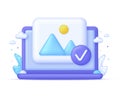 3D Picture with check mark on Computer. Add or delete image in gallery. Picture, jpg file, photo icon. Gallery icon. Royalty Free Stock Photo