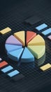 3D pie chart with colored segments and labeled percentages, surrounded by smaller rectangles