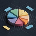 3D pie chart with colored segments and labeled percentages, surrounded by smaller rectangles