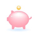 3D Piggy Bank with Coin Save Saving Money Icon. Business Finance Concept. Glossy Glass Plastic Pastel Color. Cute Realistic