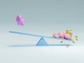 3D of piggy bank and piggy bank family and golden coin stack balancing on Teeter Totter. Business and finance concept