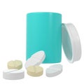3d pill bottle medical icon pharmacy render. Turquoise plastic supplement jar. Protein vitamin capsule packaging, large Royalty Free Stock Photo