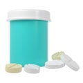 3d pill bottle medical icon with pills pharmacy render. Turquoise plastic supplement jar. Protein vitamin capsule Royalty Free Stock Photo