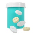 3d pill bottle medical icon with pills pharmacy render. Turquoise plastic supplement jar. Protein vitamin capsule Royalty Free Stock Photo
