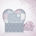 3D pillow in shape of a heart with patchwork, 3d pattern gift box. Valentine's day.