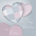 3D pillows in shape of a heart with patchwork. Sensual blue and rose shades. Valentine's day.