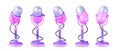 3d pink blue microphone rotation render. Animation icon set of vintage mic on stand. Isolated cartoon mike for podcast