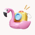 3d Pink Flamingo float and camera. summer vacation and holidays concept. icon isolated on white background. 3d rendering Royalty Free Stock Photo