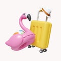 3d Pink Flamingo float with luggage and hat. summer vacation and holidays concept. icon isolated on white background. 3d Royalty Free Stock Photo