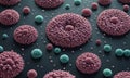 3D pink and green spherical structures, resembling viruses or bacteria, is scattered across dark background. Royalty Free Stock Photo