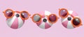 3d pink inflatable ball beach float with sunglasses isolated on pink background. balloon toy set, summer travel concept, 3d render Royalty Free Stock Photo